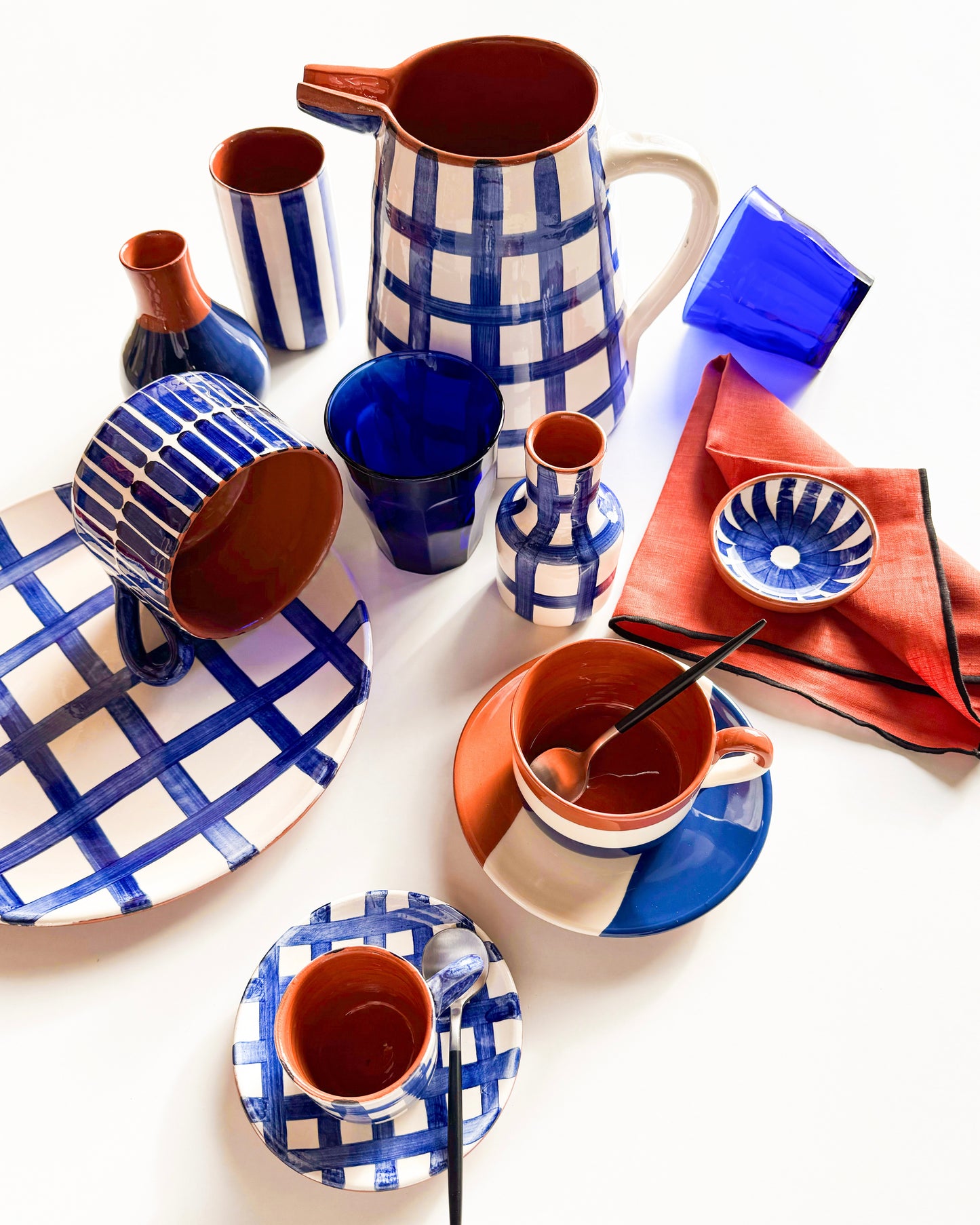 Grid espresso cup and saucer, blue