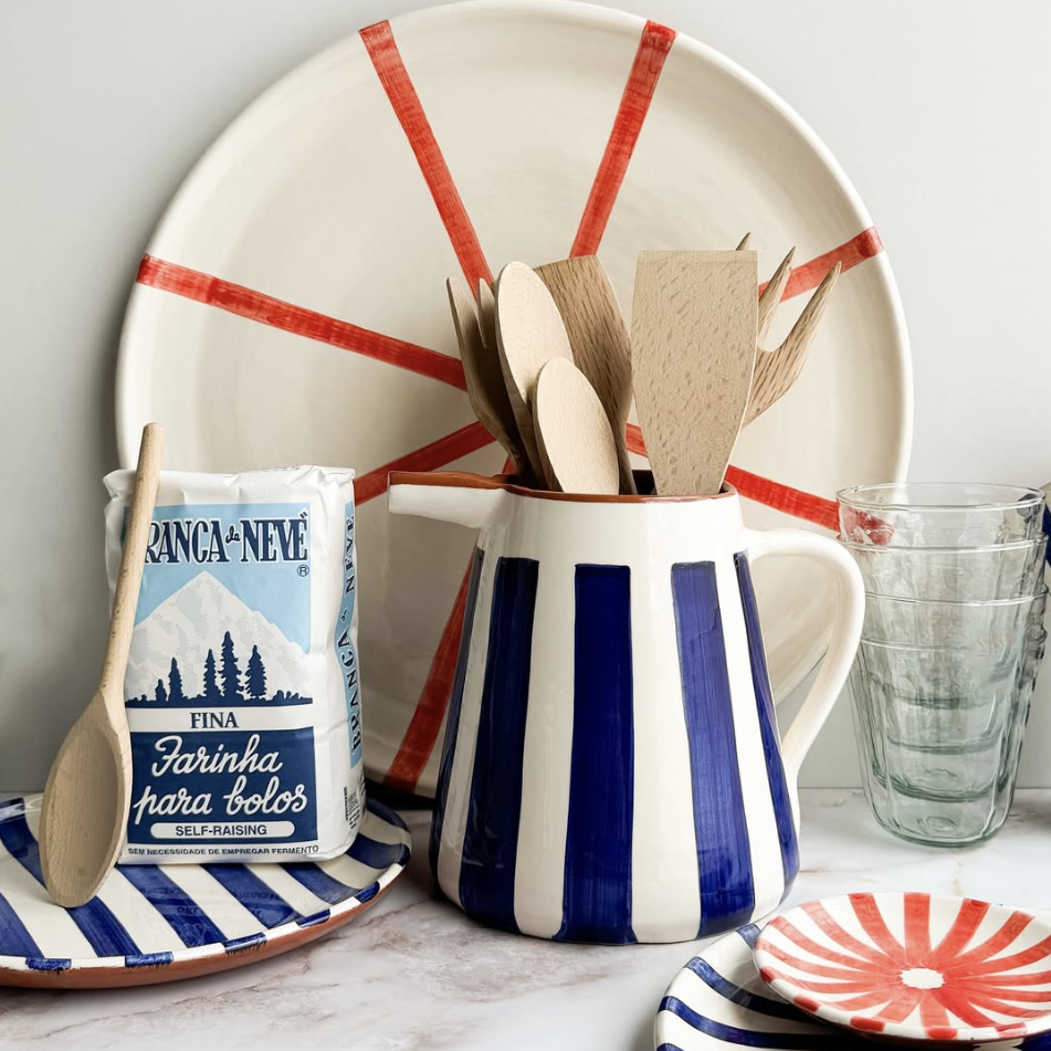 Bold stripe pitcher, blue and white