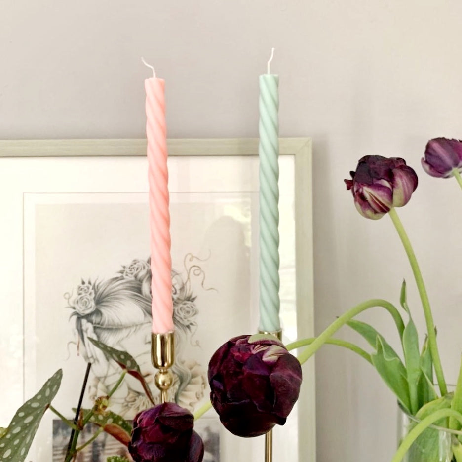 Pair of sage green Isla candles Beatrice's Bedroom