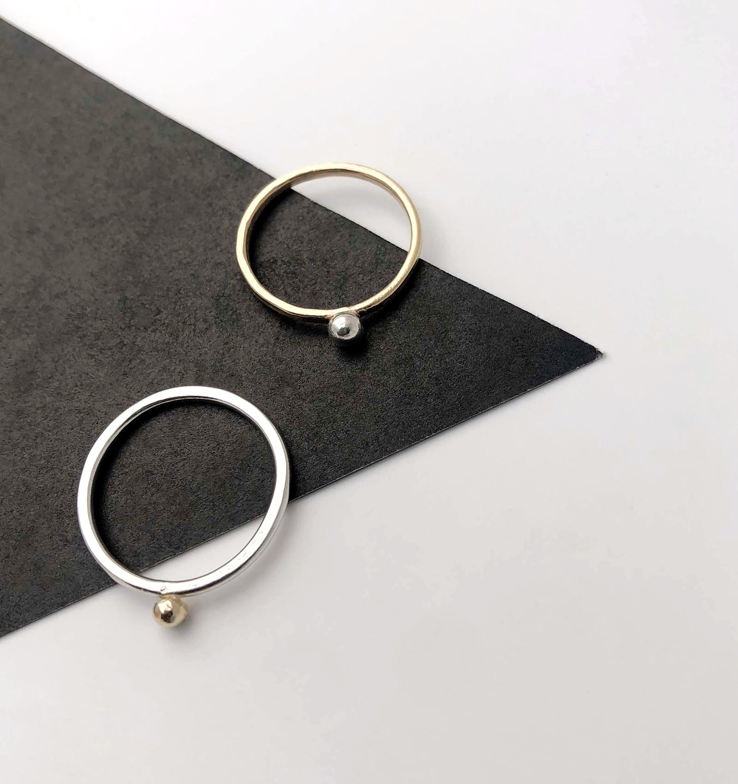 'Neo Deco' 9ct gold band with recycled silver bead - Plum & Belle
