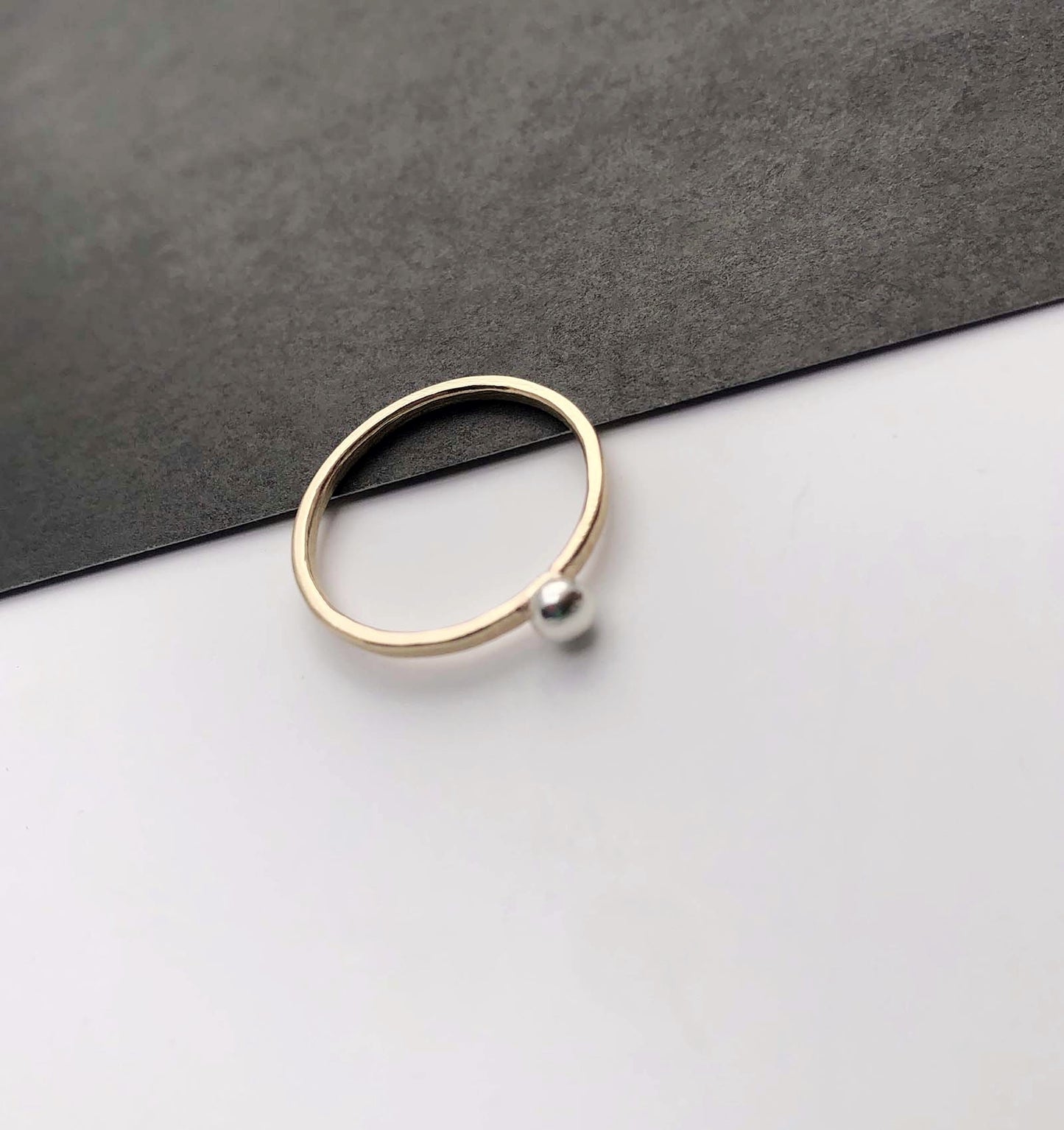 'Neo Deco' 9ct gold band with recycled silver bead - Plum & Belle