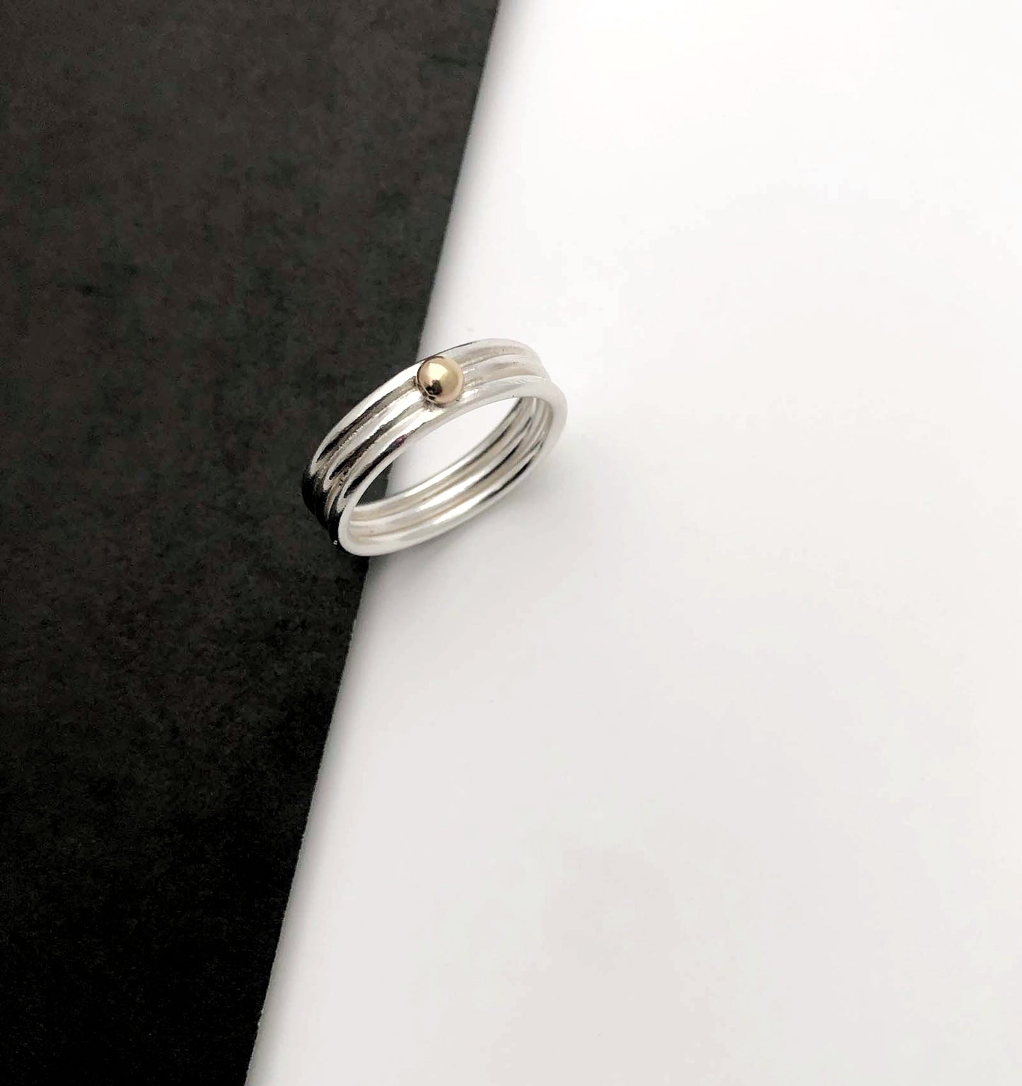 'Neo Deco' triple silver band with 9ct gold bead - Plum & Belle