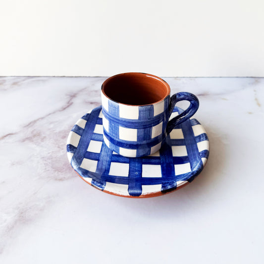 Grid espresso cup and saucer, blue