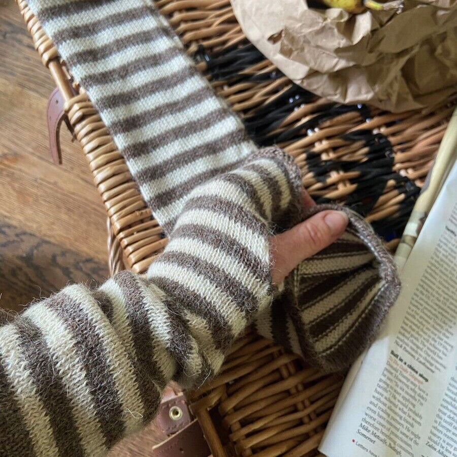 Stripey alpaca fingerless gloves