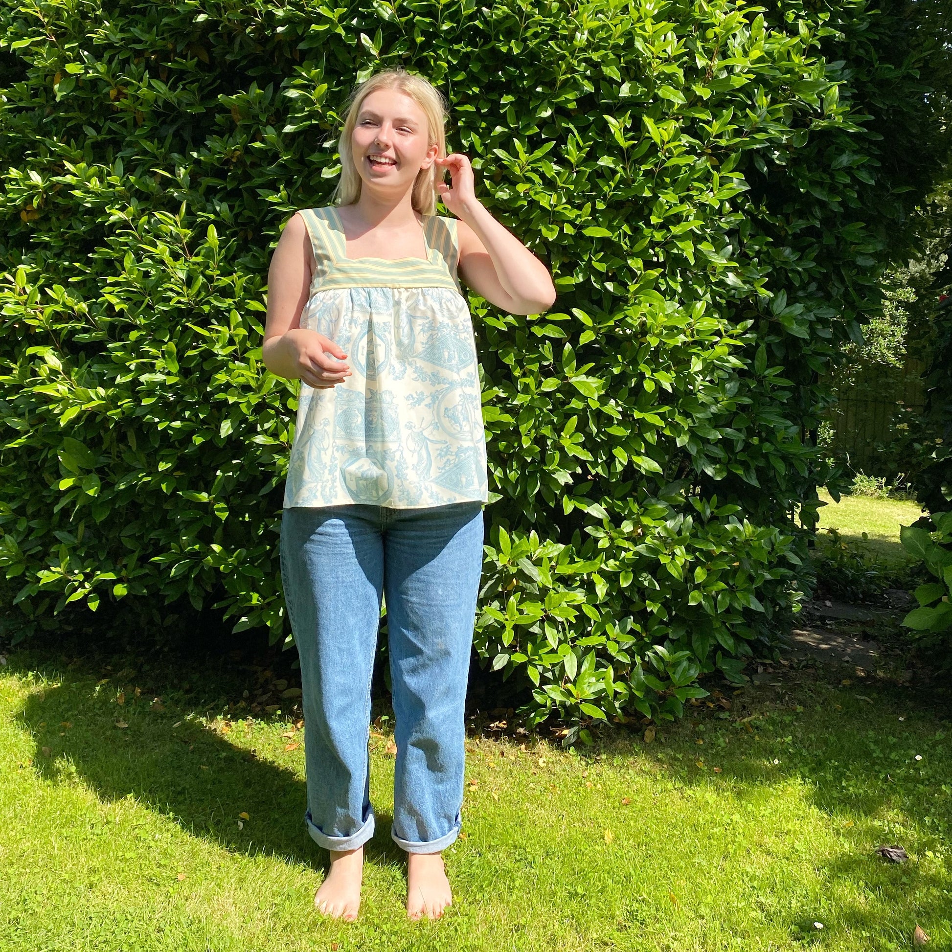 Krista top in blue toile and stripe - Plum & Belle