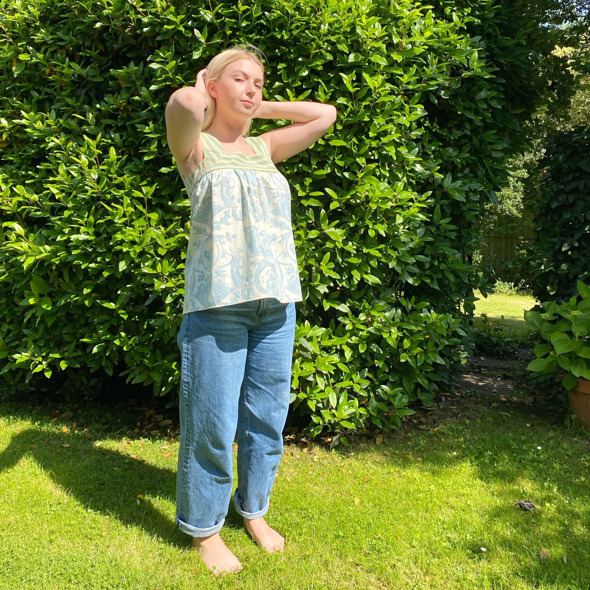 Krista top in blue toile and stripe - Plum & Belle