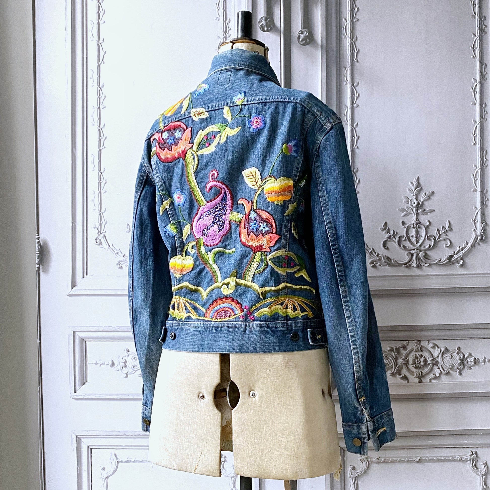 Tropical Flora Embroidered Vintage Denim Jacket | Plum & Belle