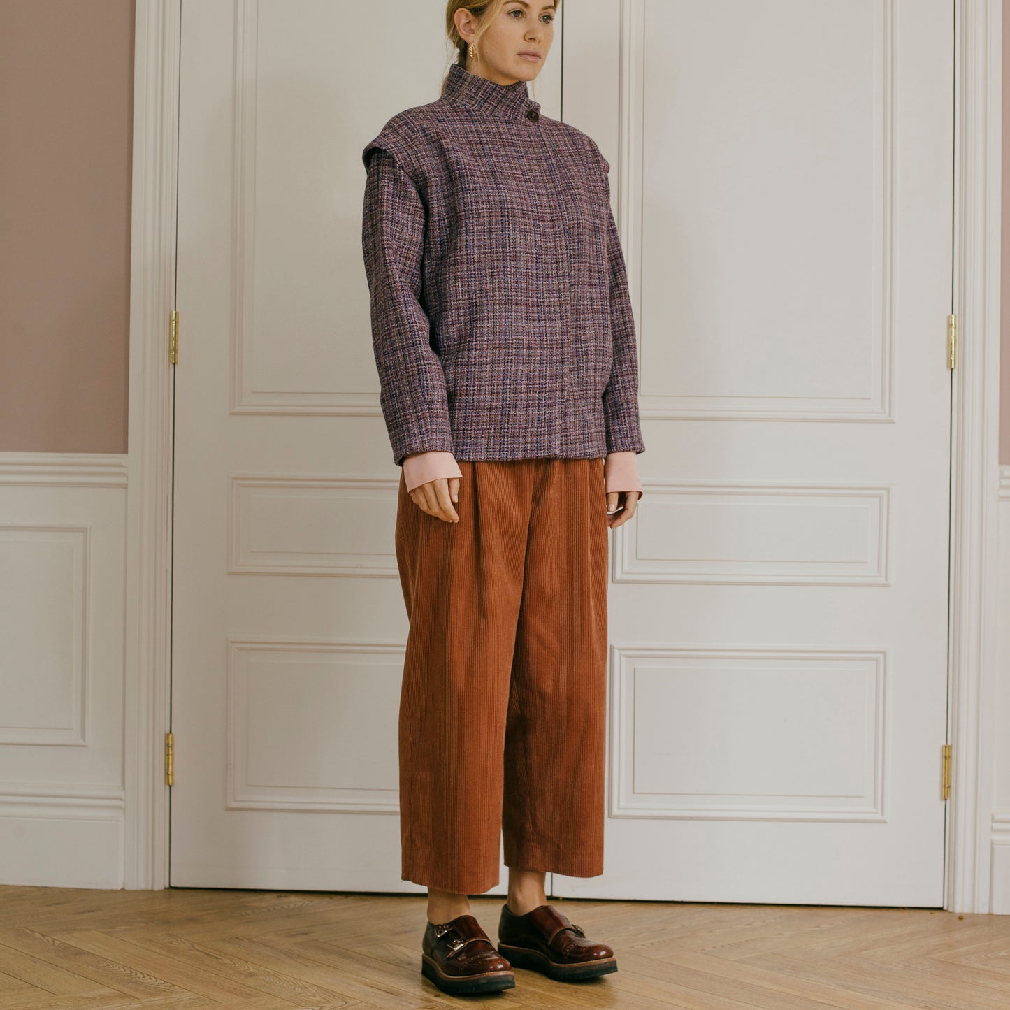 Cordelia cord trousers in deep blush pink, Hill and Headland - Plum & Belle