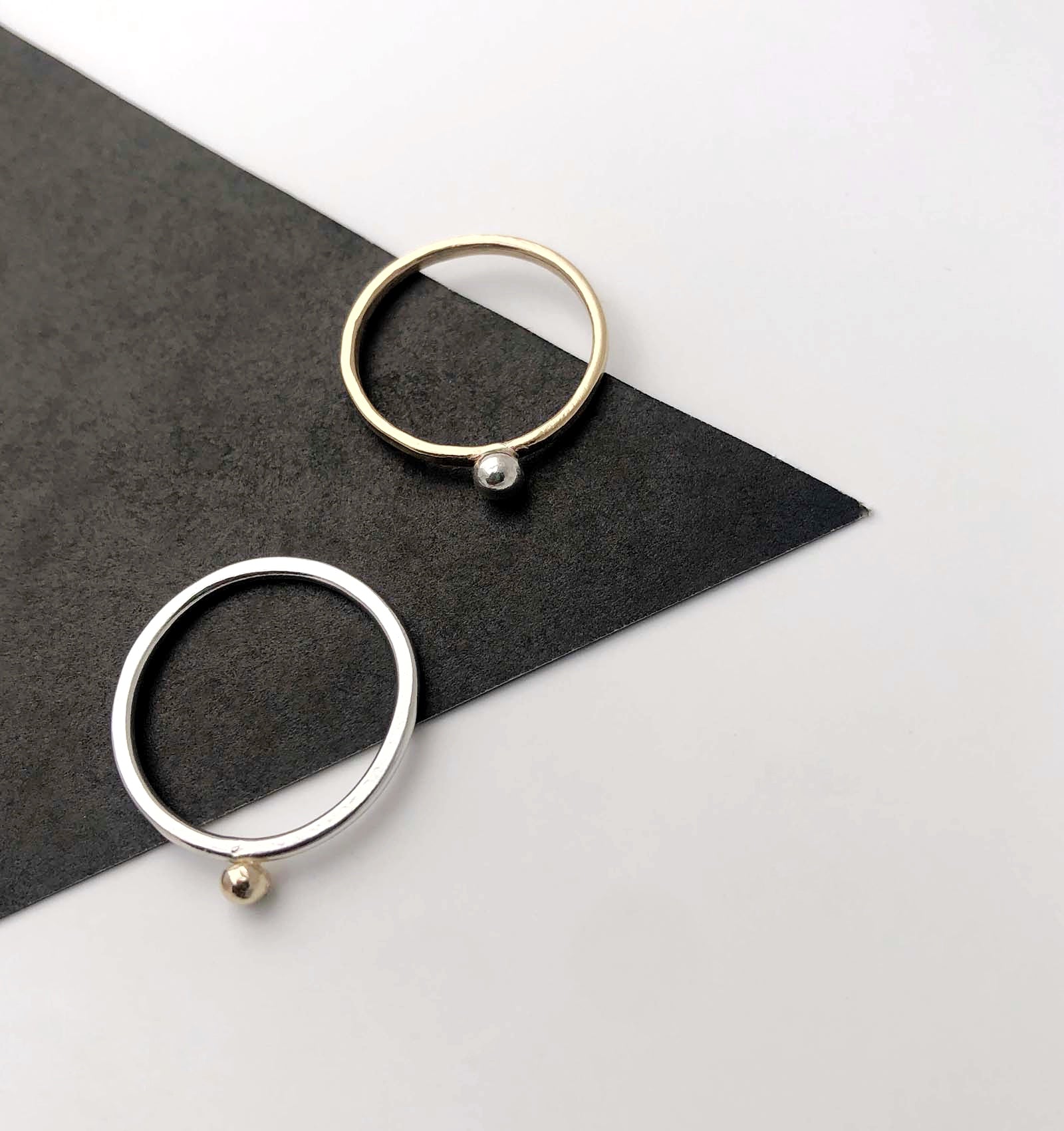 'Neo Deco' 9ct gold band with recycled silver bead - Plum & Belle